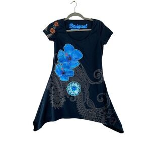 Desigual Black Tee with Blue Floral Design